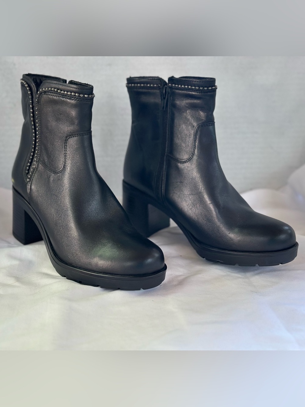 Rizzoli Black Leather Ankle Boots with Studded Trim